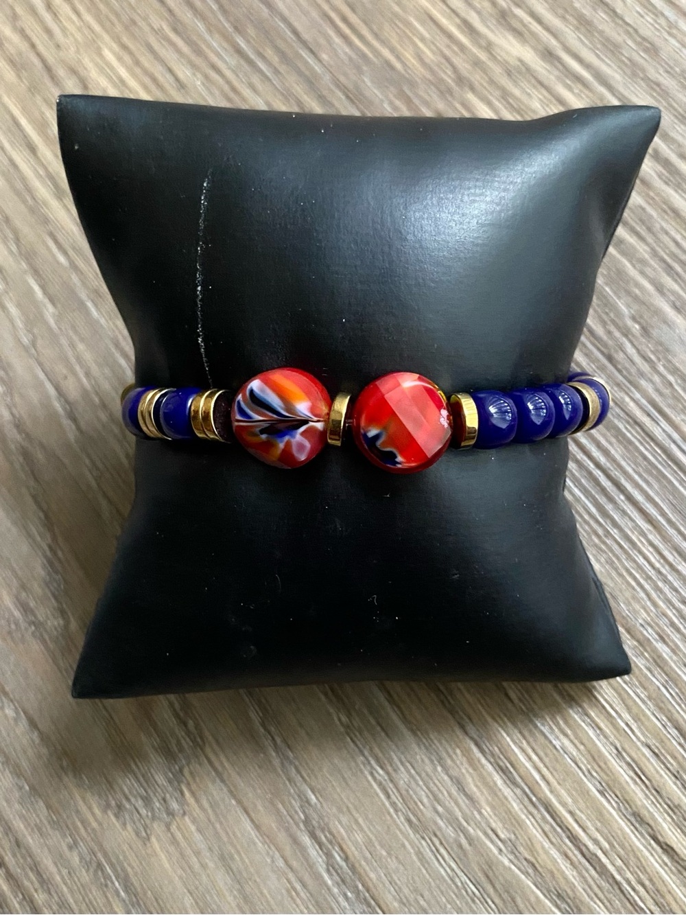 Handcrafted Red & Blue Bead Stretch Bracelet